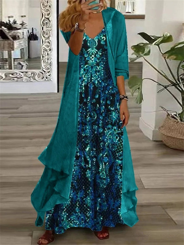 Women's Blue Metallic Floral Maxi Dress