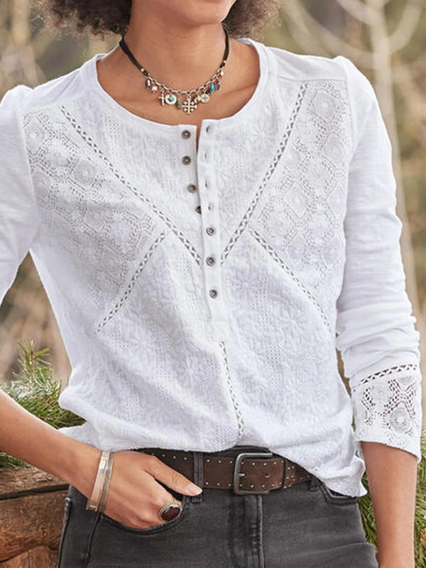 Elegant Lace Crew Neck Long Sleeve Shirt