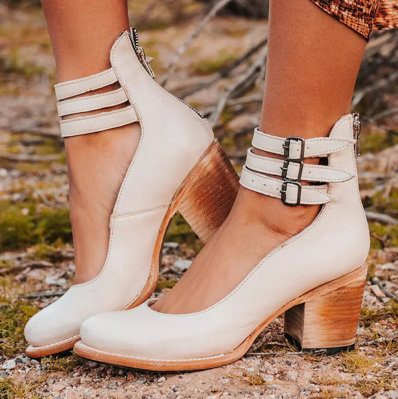 Women's Block Heel Ankle Shoes with Back Zipper
