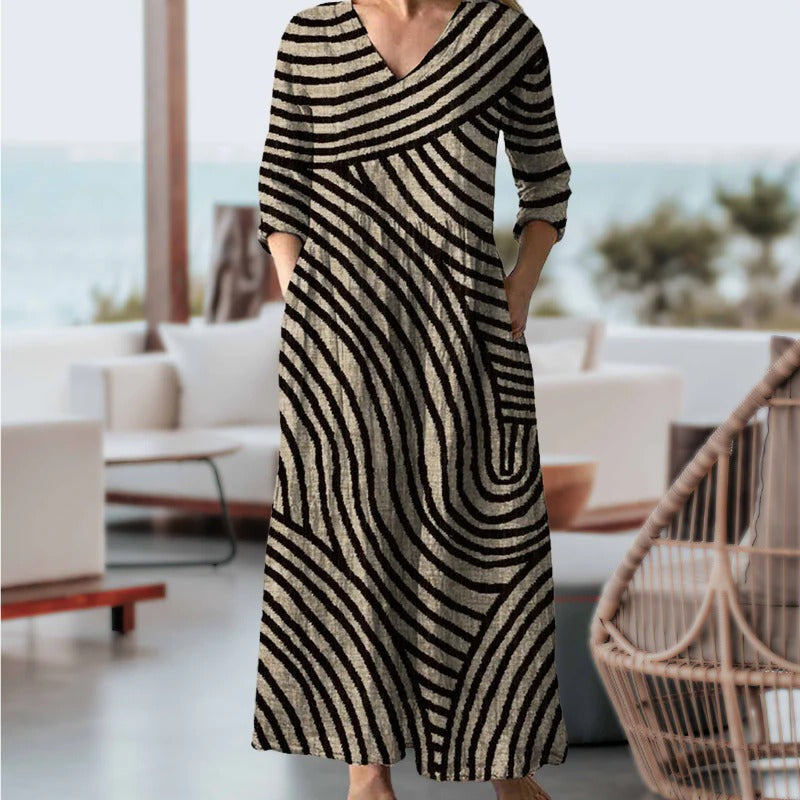 Women's Vintage Stripe V-Neck Midi Dress