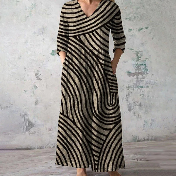 Women's Vintage Stripe V-Neck Midi Dress