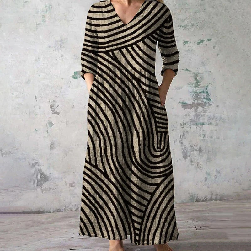 Women's Vintage Stripe V-Neck Midi Dress