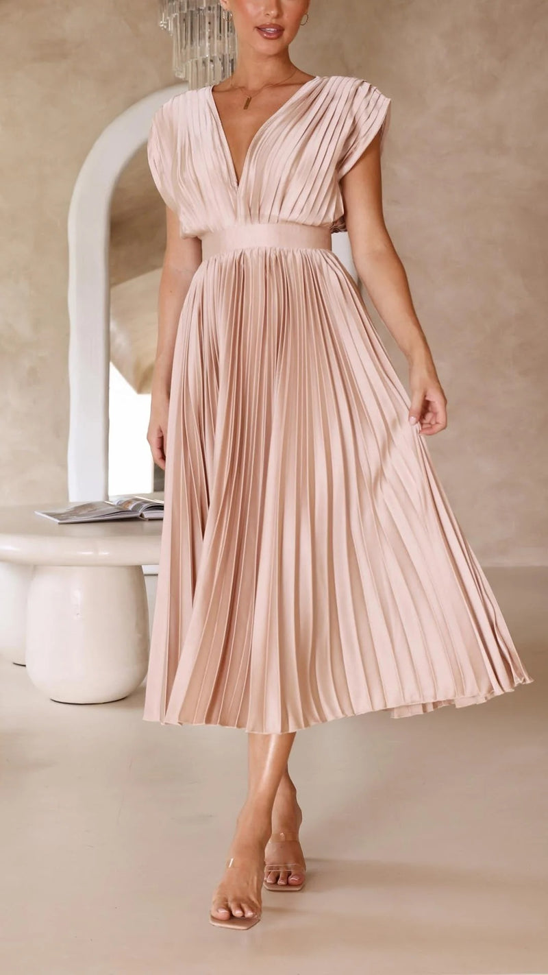 Women's Pleated V-Neck Maxi Dress