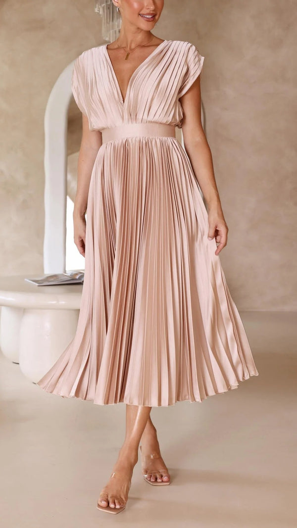 Women's Pleated V-Neck Maxi Dress