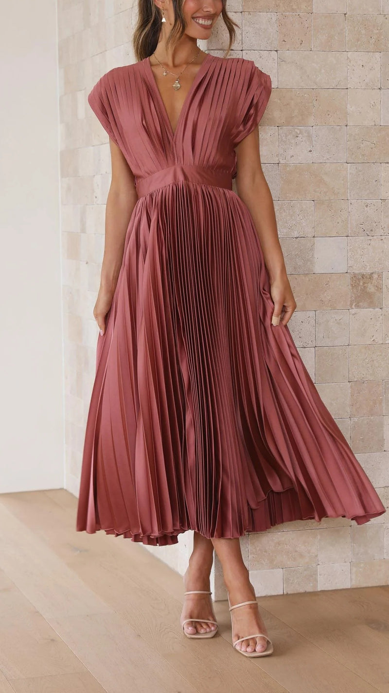 Women's Pleated V-Neck Maxi Dress