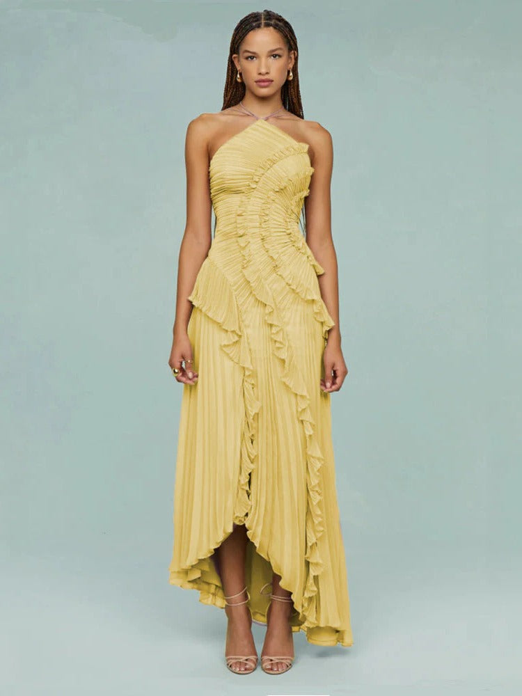 Women's Pleated One-Shoulder Maxi Dress