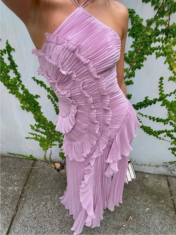 Women's Pleated One-Shoulder Maxi Dress