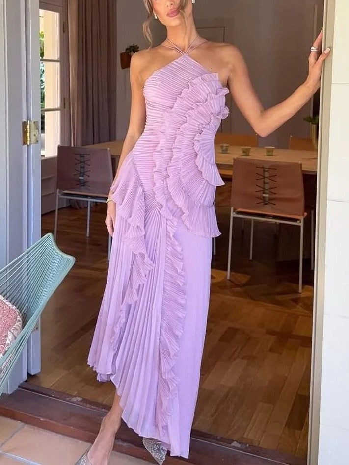 Women's Pleated One-Shoulder Maxi Dress