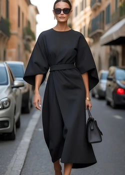 Women's Loose Fit Belted Kimono Sleeve Maxi Dress