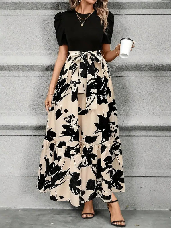 Women's Floral Print High-Waist Tie-Front Maxi Dress
