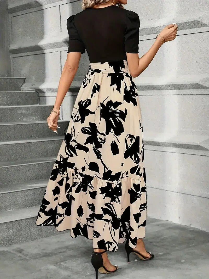 Women's Floral Print High-Waist Tie-Front Maxi Dress