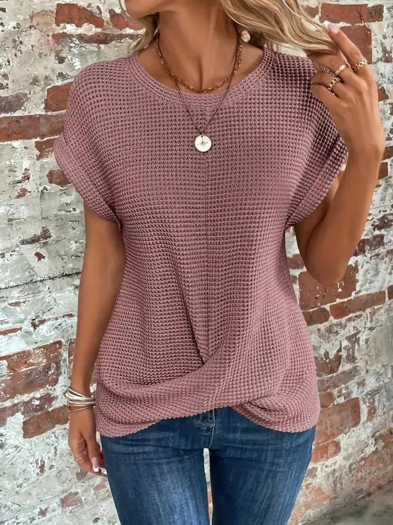Waffle Knit Front Twist Casual T-Shirt