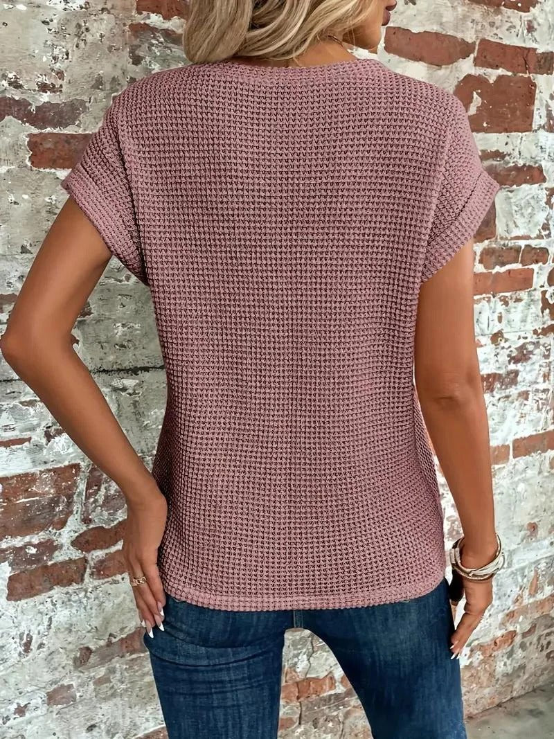 Waffle Knit Front Twist Casual T-Shirt
