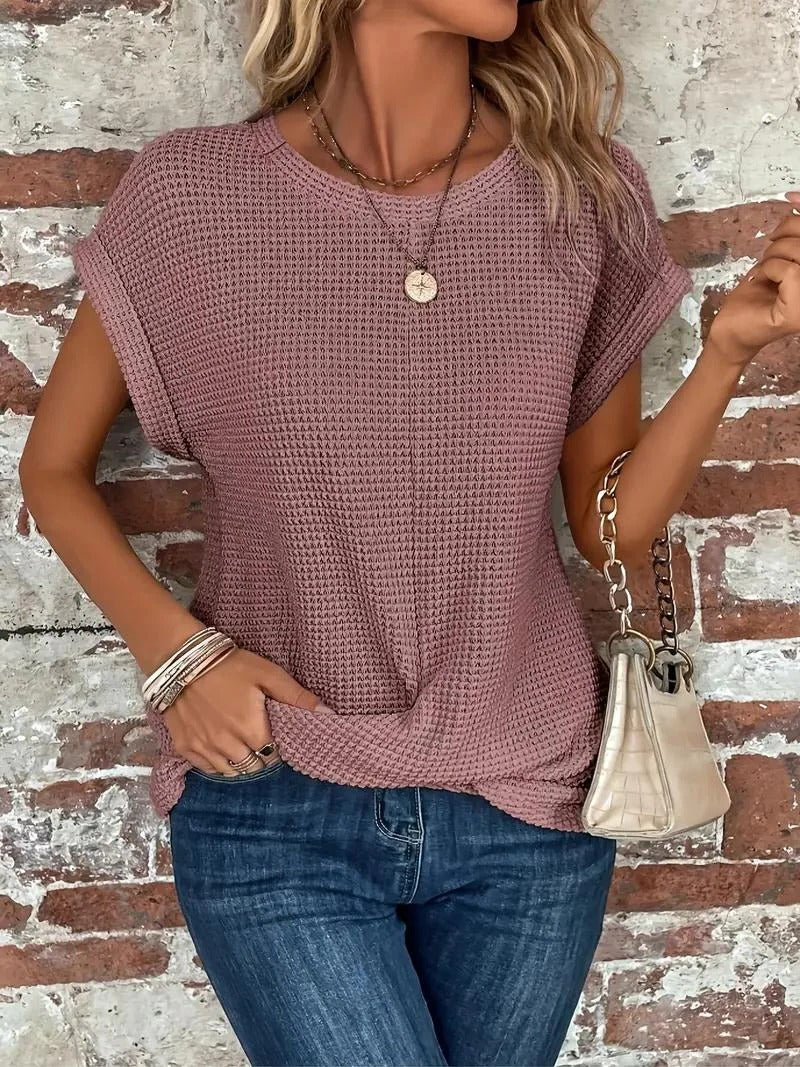 Waffle Knit Front Twist Casual T-Shirt