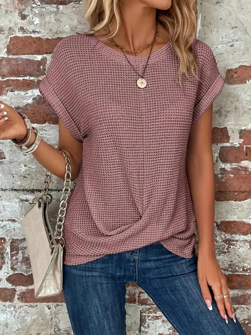 Waffle Knit Front Twist Casual T-Shirt