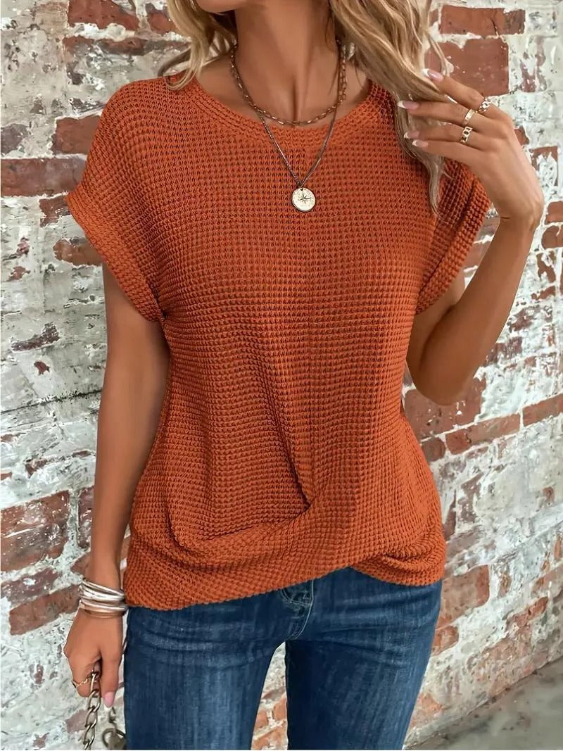 Waffle Knit Front Twist Casual T-Shirt