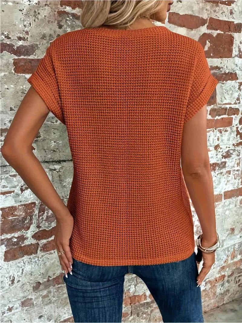 Waffle Knit Front Twist Casual T-Shirt