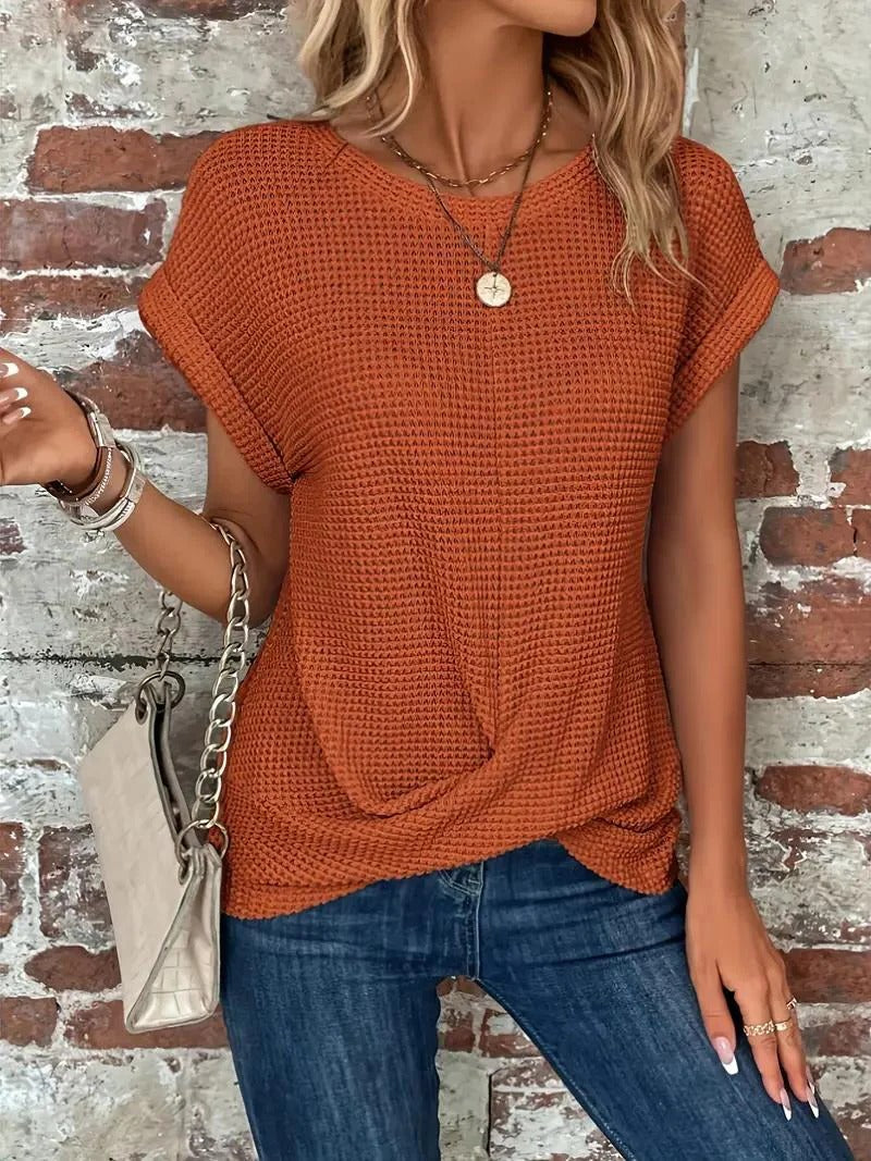 Waffle Knit Front Twist Casual T-Shirt