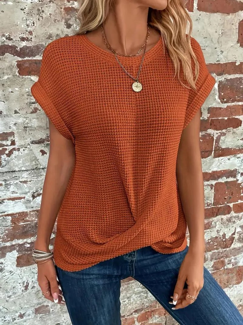 Waffle Knit Front Twist Casual T-Shirt