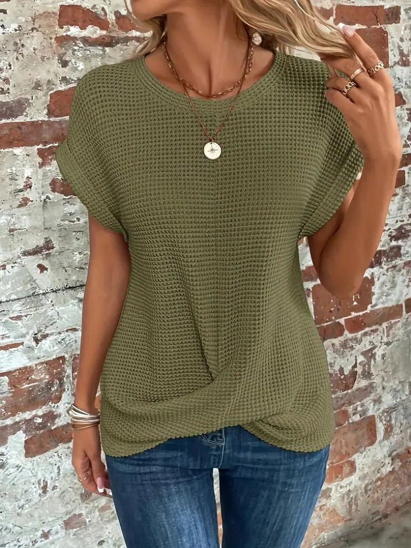 Waffle Knit Front Twist Casual T-Shirt
