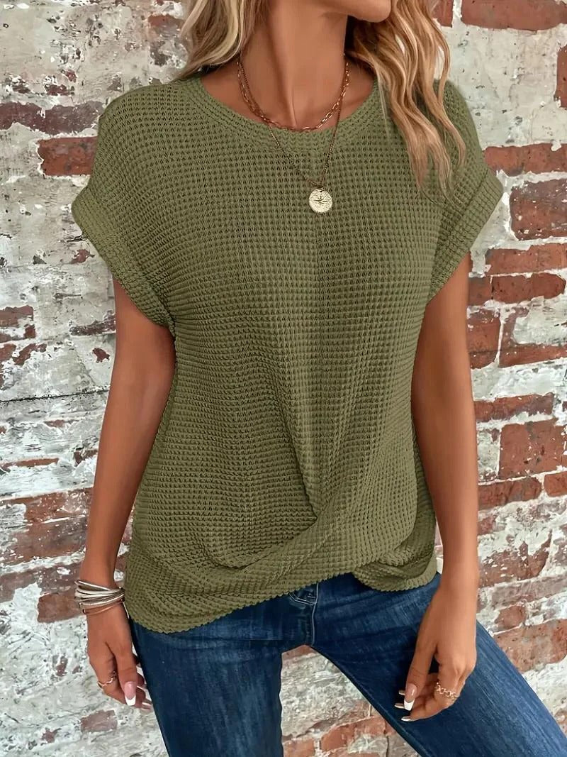 Waffle Knit Front Twist Casual T-Shirt