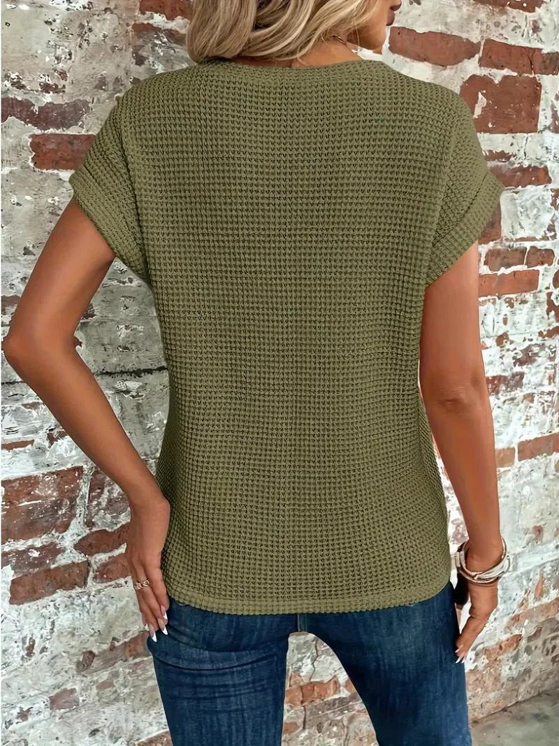 Waffle Knit Front Twist Casual T-Shirt