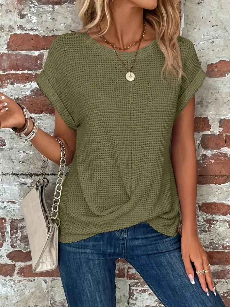 Waffle Knit Front Twist Casual T-Shirt