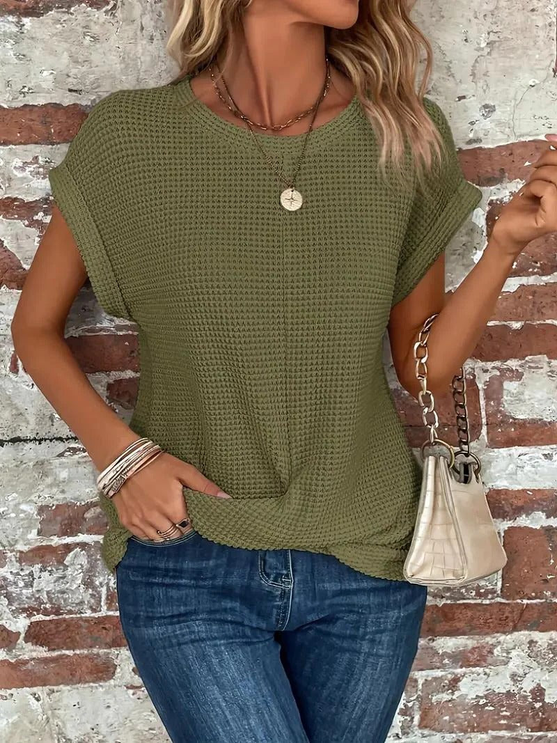 Waffle Knit Front Twist Casual T-Shirt