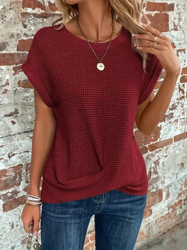 Waffle Knit Front Twist Casual T-Shirt