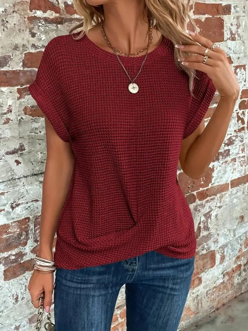 Waffle Knit Front Twist Casual T-Shirt