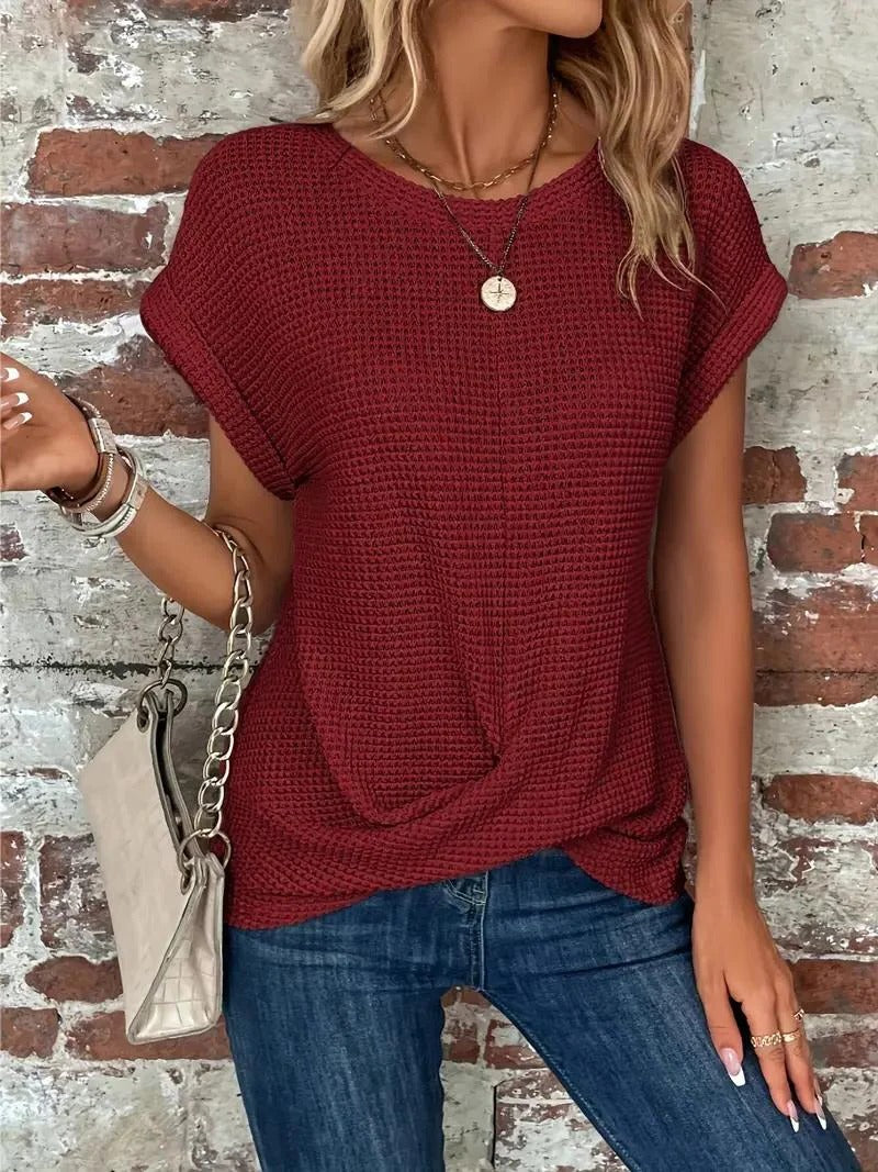 Waffle Knit Front Twist Casual T-Shirt