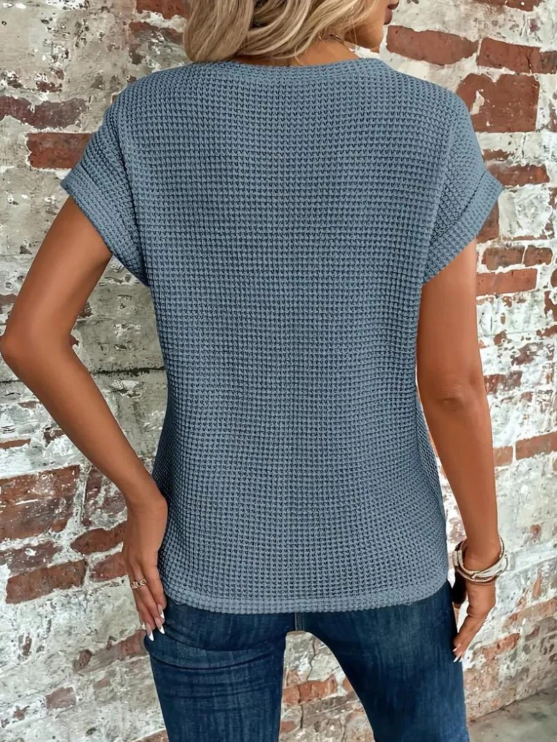 Waffle Knit Front Twist Casual T-Shirt