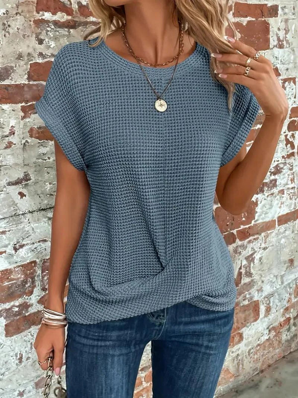 Waffle Knit Front Twist Casual T-Shirt