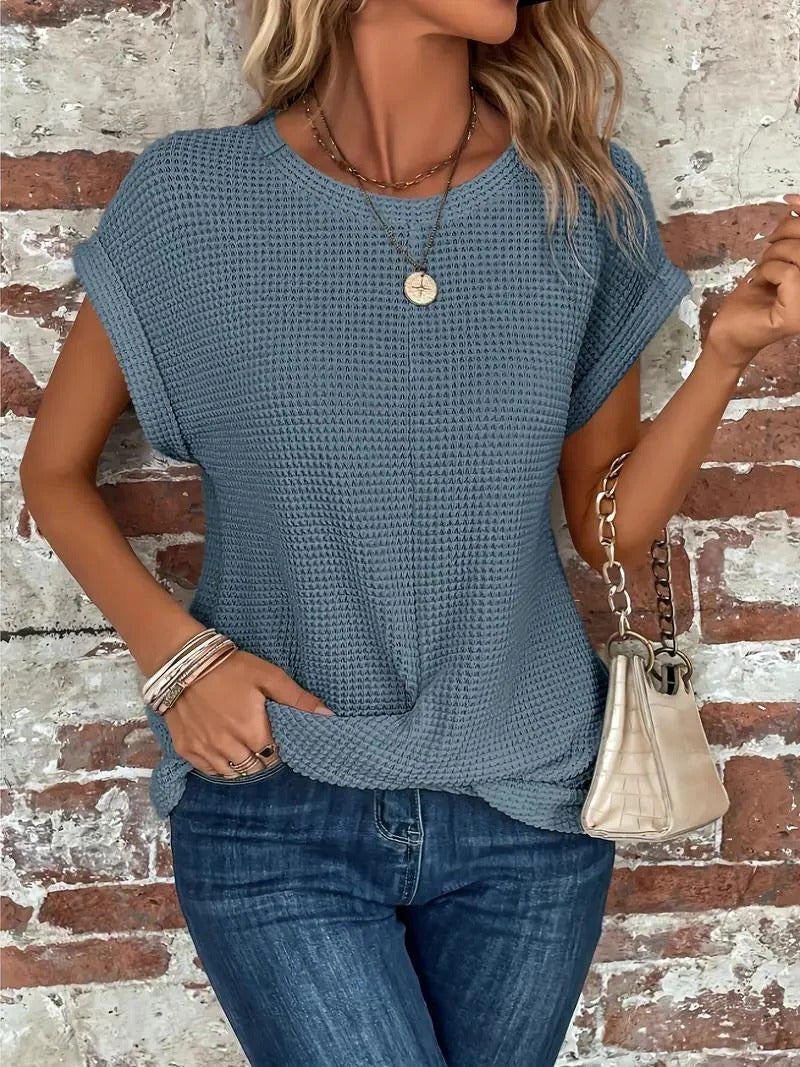 Waffle Knit Front Twist Casual T-Shirt