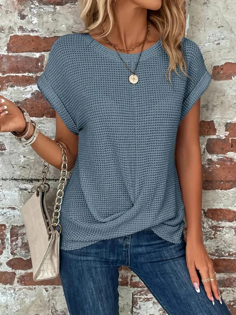 Waffle Knit Front Twist Casual T-Shirt
