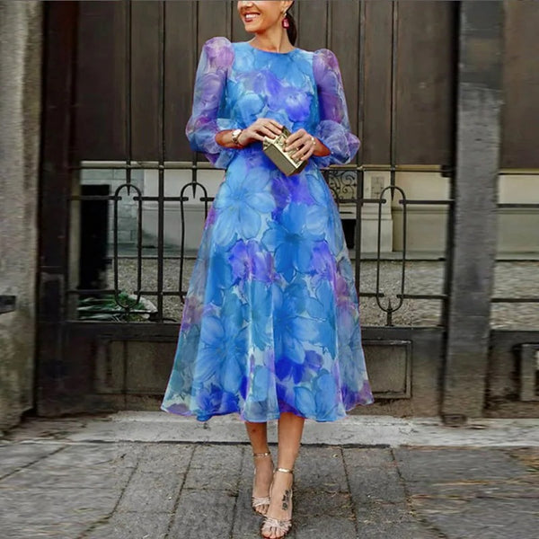 Floral Midi Dress with Sheer Long Sleeves