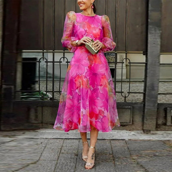 Floral Midi Dress with Sheer Long Sleeves