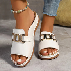 Open-Toe Slip-On Sandals with Statement Buckle