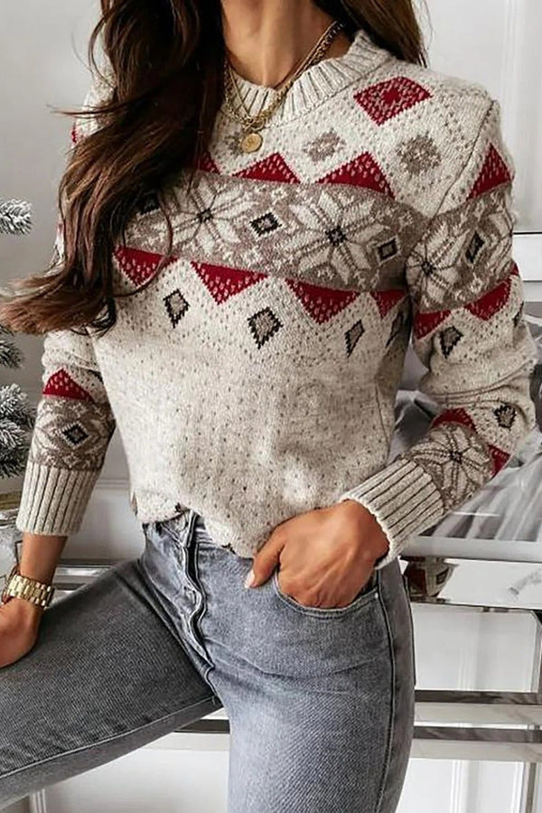 Geometric Print Round Neck Long Sleeves Sweater