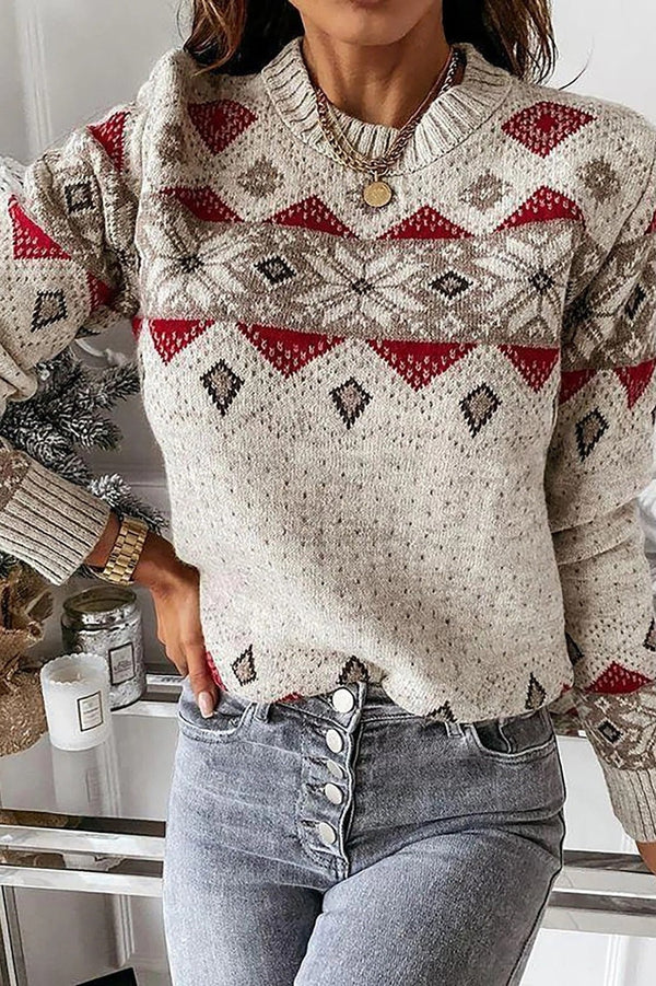 Geometric Print Round Neck Long Sleeves Sweater