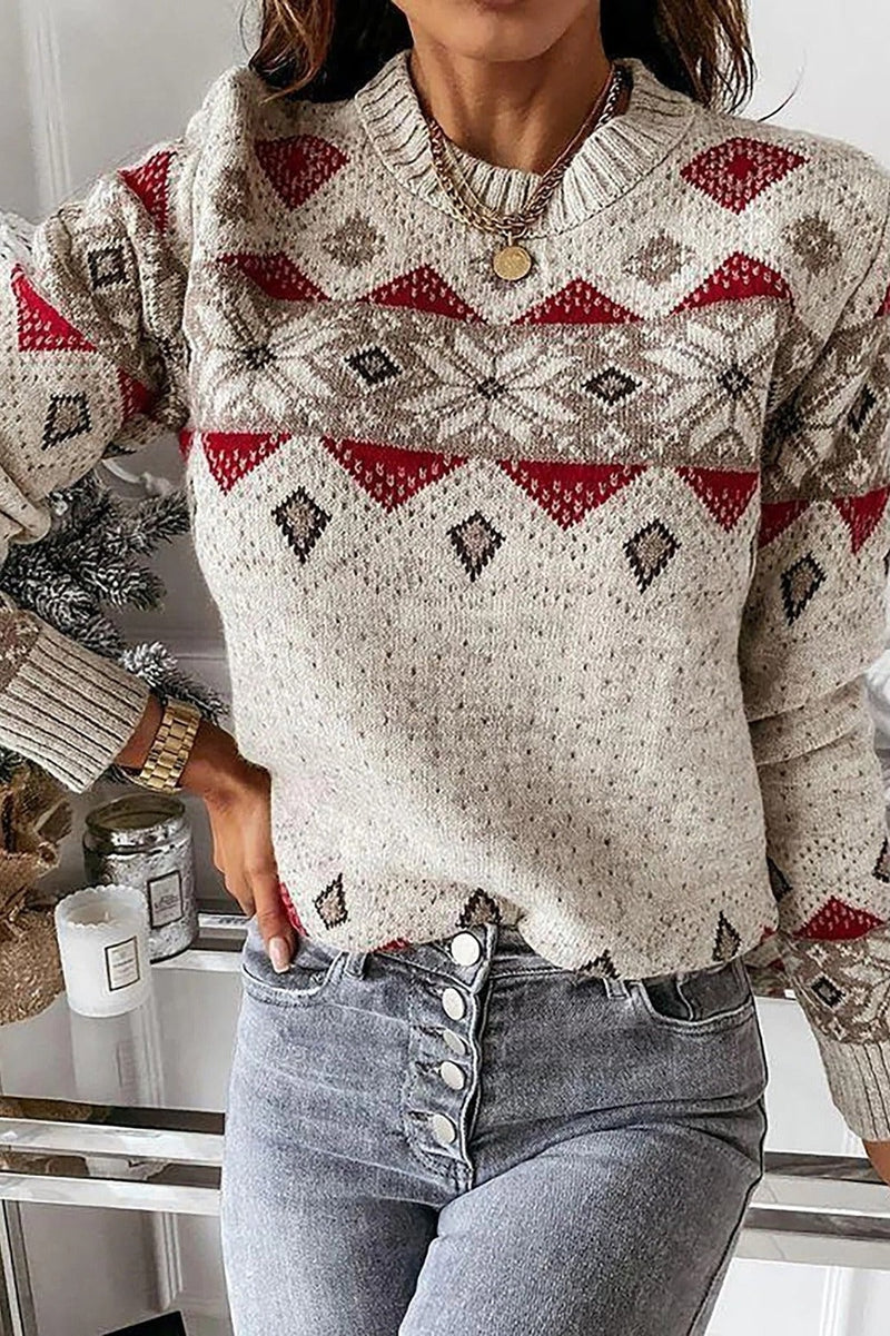 Geometric Print Round Neck Long Sleeves Sweater