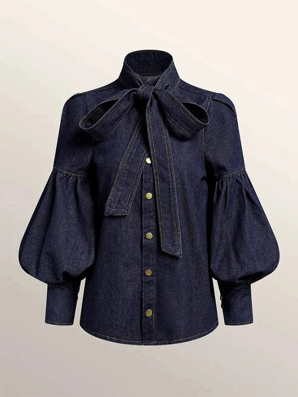 Blouse with Bow and Puff Sleeves