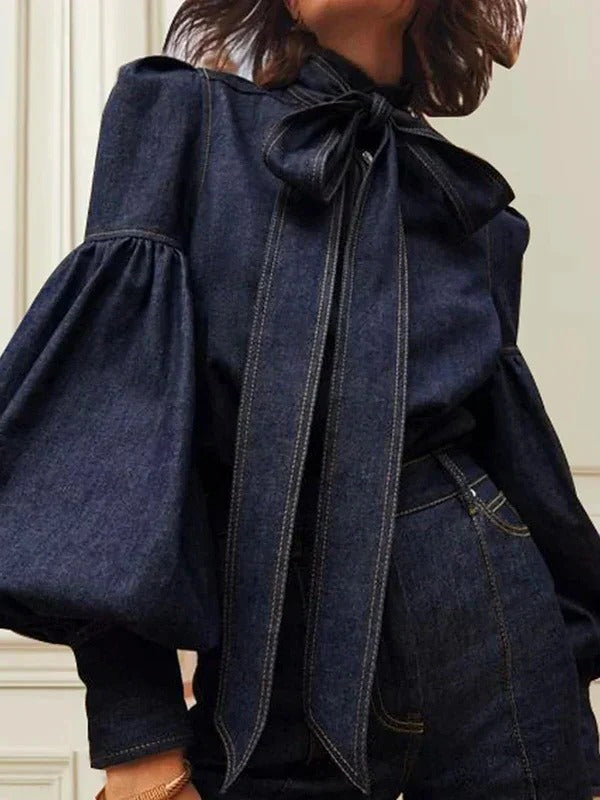 Blouse with Bow and Puff Sleeves
