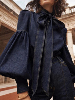 Blouse with Bow and Puff Sleeves
