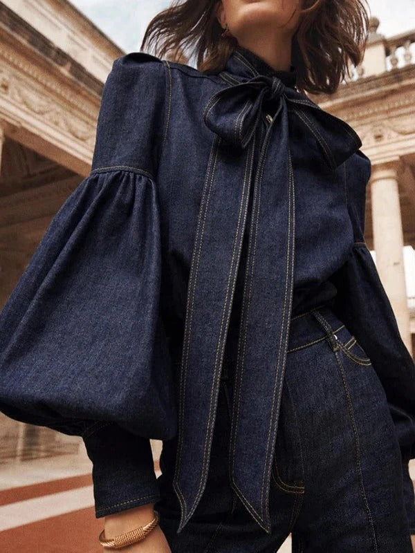 Blouse with Bow and Puff Sleeves