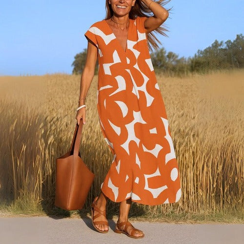 Printed V-Neck Casual Dress