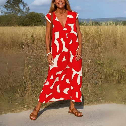 Printed V-Neck Casual Dress