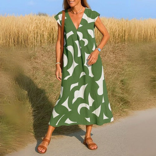 Printed V-Neck Casual Dress