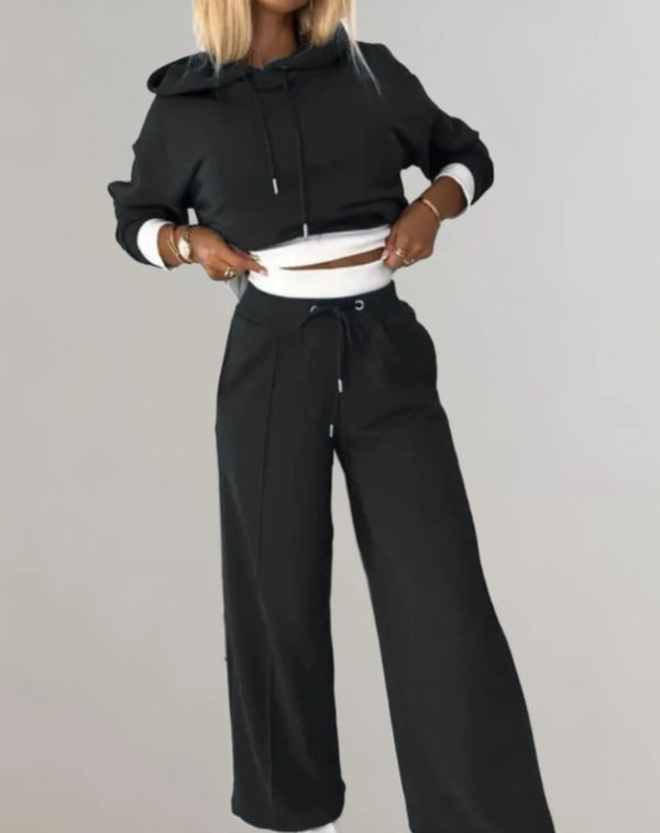 2-piece set: two-tone cropped hoodie and adjustable waist jogging pants