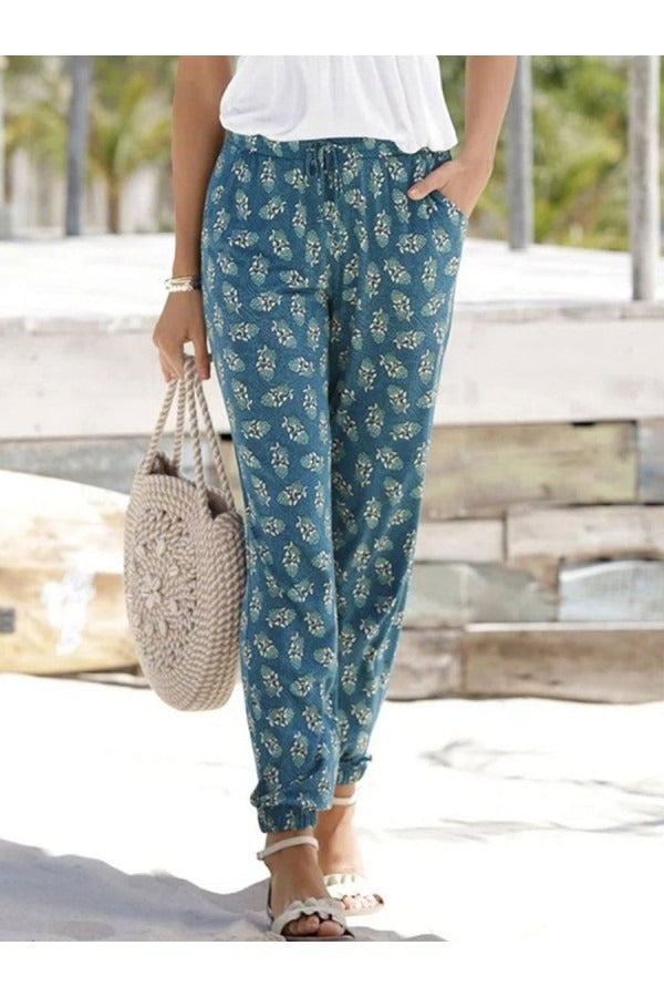 Women’s Summer Floral Print Drawstring Casual Pants
